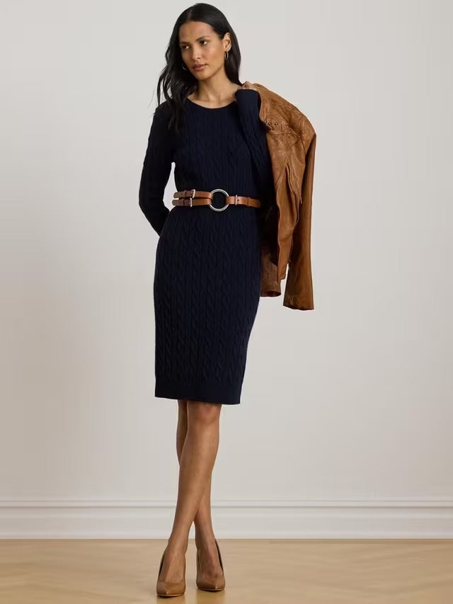 Ralph Lauren Druyet Cable Knit Wool Blend Women's Jumper Dress - Navy - XS