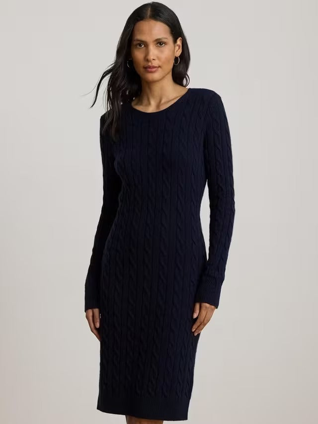 Ralph Lauren Druyet Cable Knit Wool Blend Women's Jumper Dress - Navy - XS