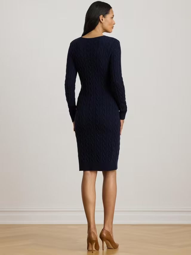Ralph Lauren Druyet Cable Knit Wool Blend Women's Jumper Dress - Navy - XS