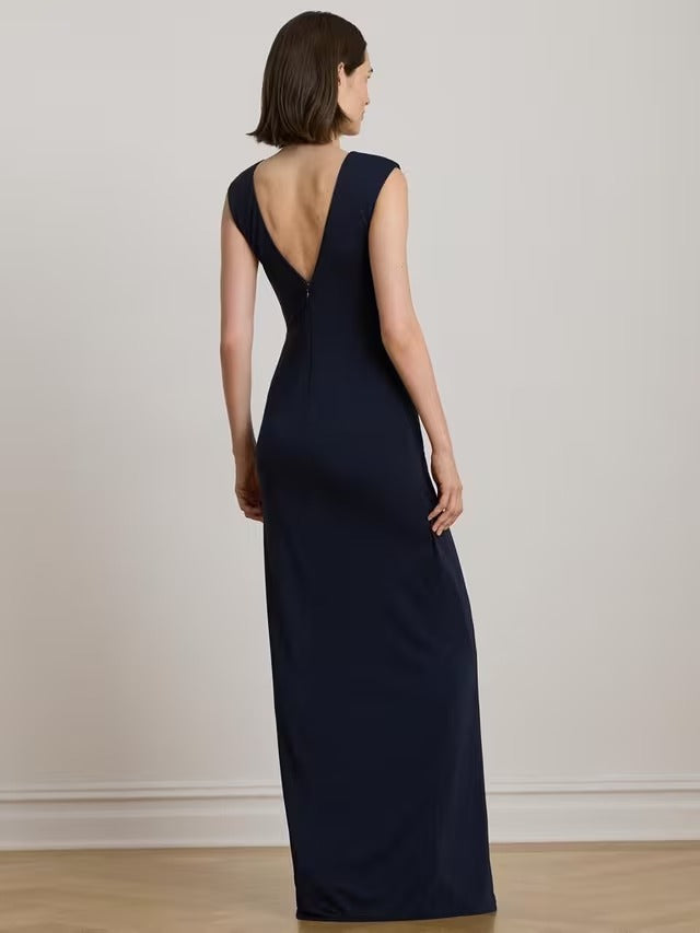 Ralph Lauren Ebrelle Chain Trim Jersey Cap Sleeve Maxi Dress - Navy - UK 6