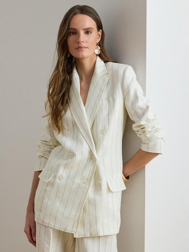 Ralph Lauren Womens Stripe Double Breasted Pure Linen Blazer White/Blue 12UK