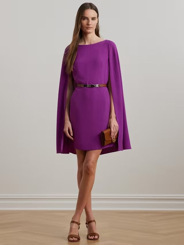 Ralph Lauren Petra Cape Cocktail Party Mini Dress - Purple Dawn - UK 14