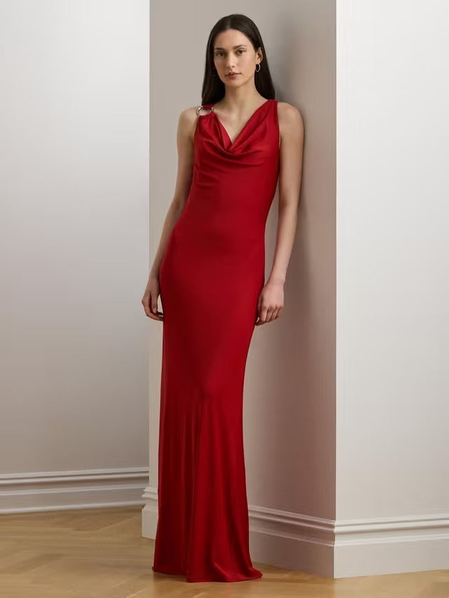 Ralph Lauren Elkanah Clasp Detail Womens Sleeveless Maxi Dress Red - UK 14