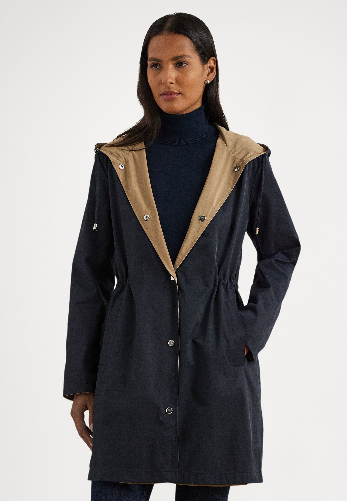 Ralph Lauren Women's Reversible Hooded Rain Coat Dark Navy/Birch Tan - Small