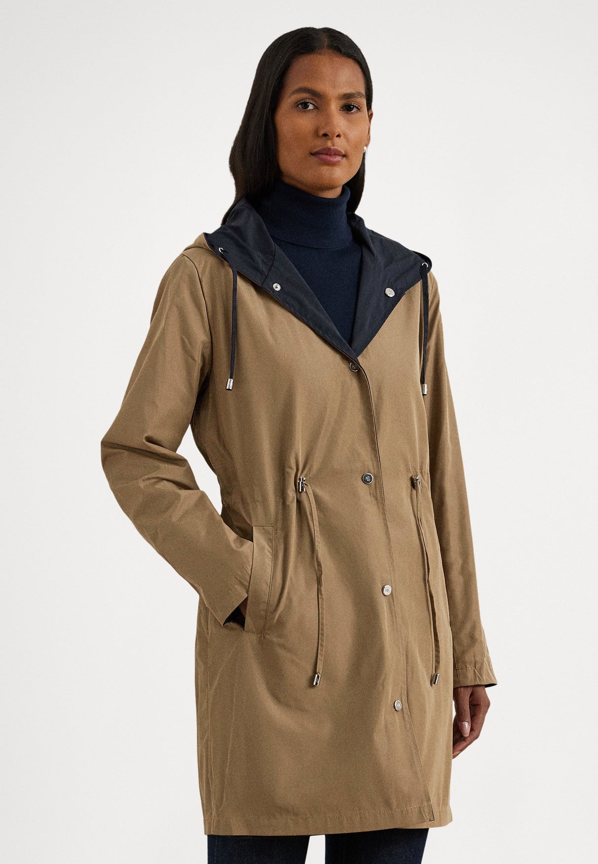 Ralph Lauren Women's Reversible Hooded Rain Coat Dark Navy/Birch Tan - Small
