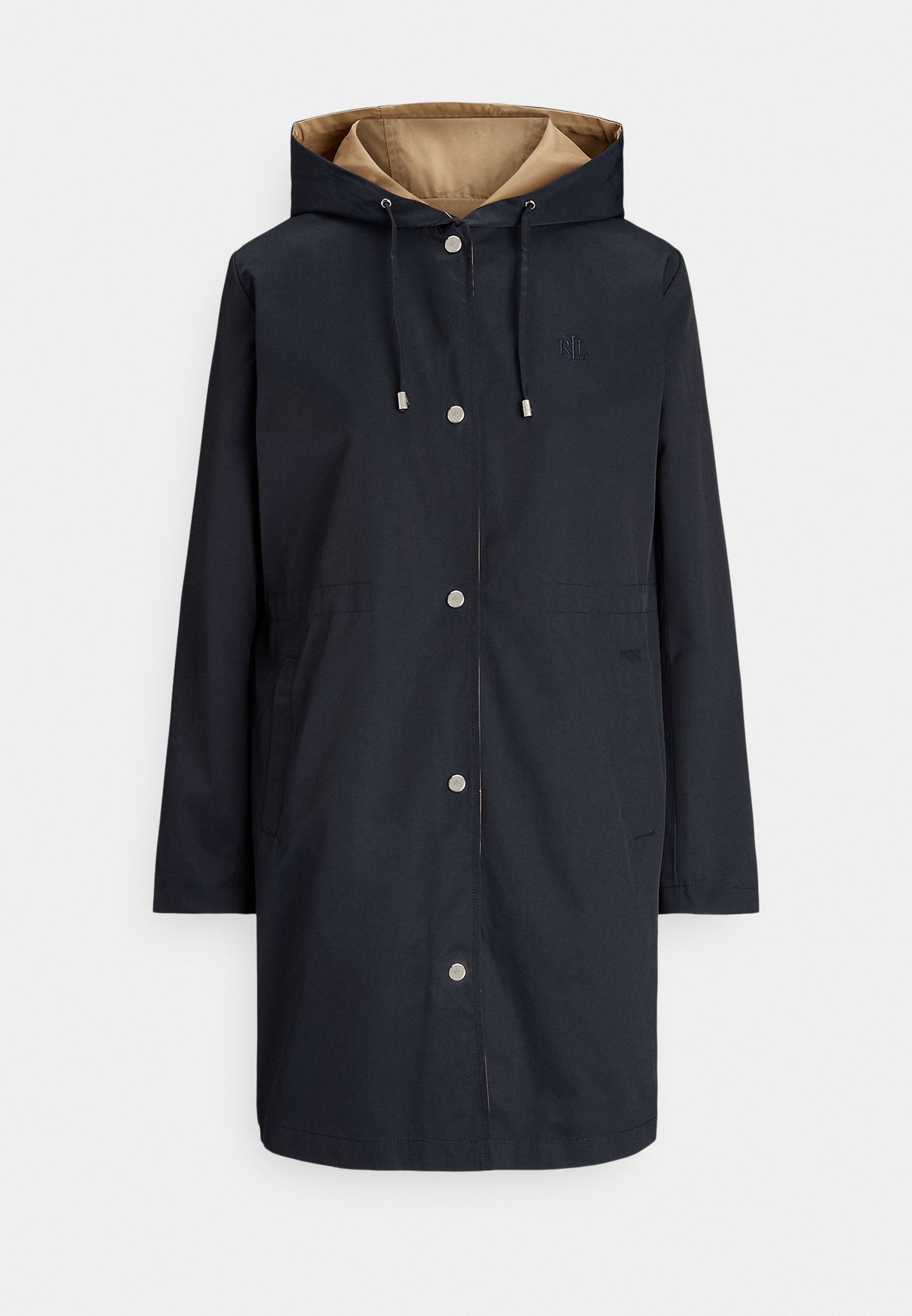 Ralph Lauren Women's Reversible Hooded Rain Coat Dark Navy/Birch Tan - Small
