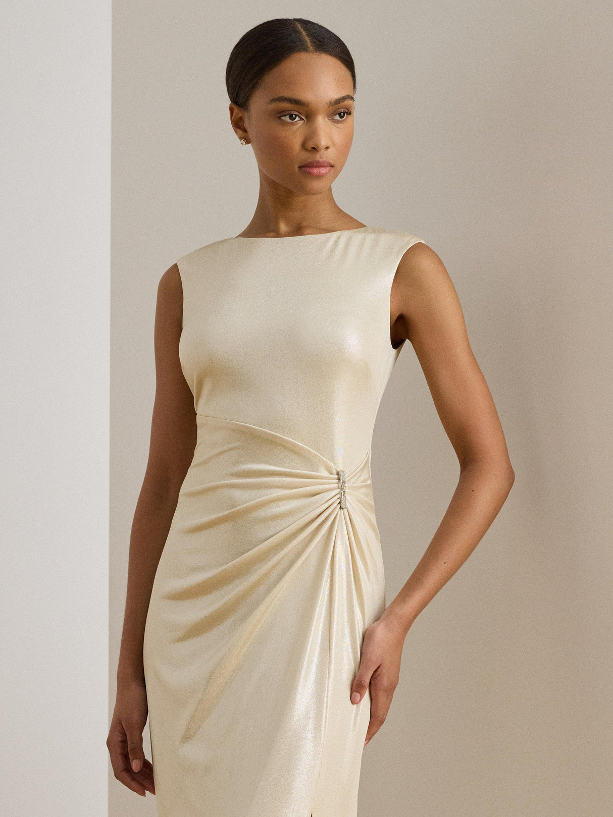 Ralph Lauren Ilianne Buckle-Trim Metallic Maxi Dress - Champagne - UK 12