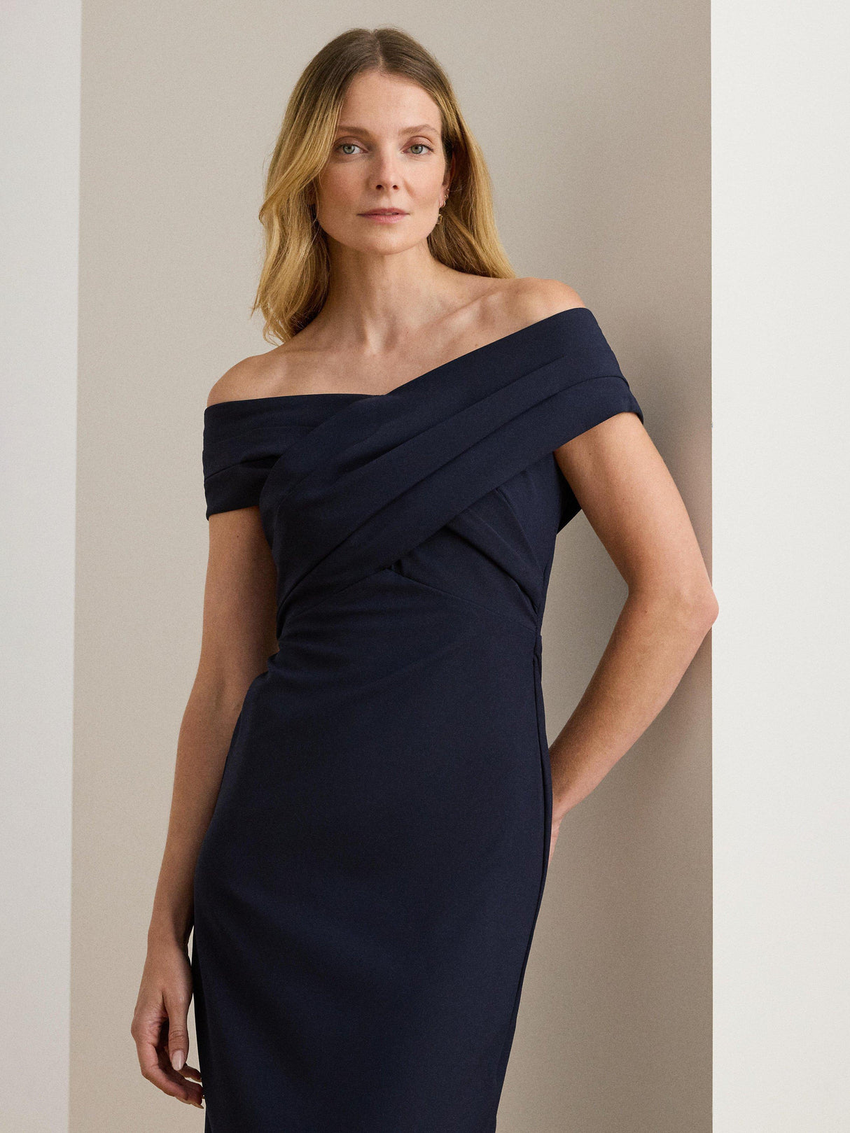Ralph Lauren Irene Crepe Off Shoulder Maxi Dress Ball Gown - Navy - UK 14