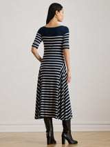 Ralph Lauren Women's Munzie Day Cotton Flare Midi Dress Navy/Cream Size XXL