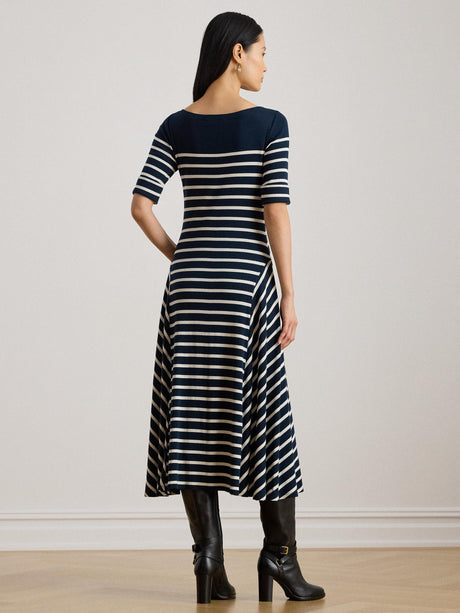 Ralph Lauren Women's Munzie Day Cotton Flare Midi Dress Navy/Cream Size XXL
