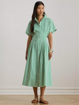 Ralph Lauren Rushanie Day Cotton Flared Midi Dress - Green/White - UK 12