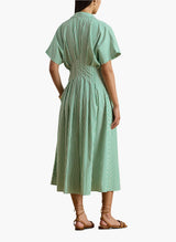 Ralph Lauren Rushanie Day Cotton Flared Midi Dress - Green/White - UK 12