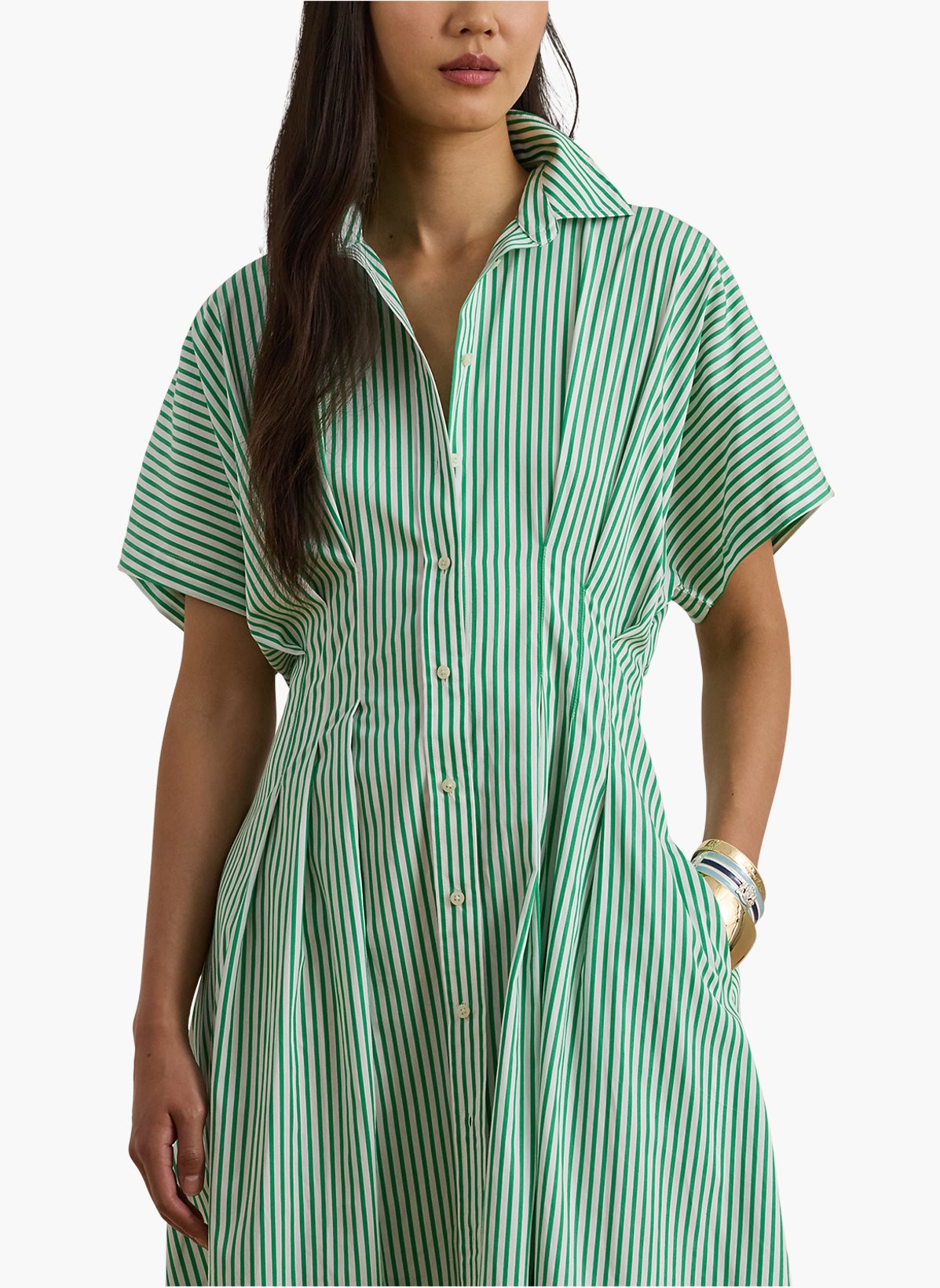 Ralph Lauren Rushanie Day Cotton Flared Midi Dress - Green/White - UK 12