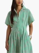 Ralph Lauren Rushanie Day Cotton Flared Midi Dress - Green/White - UK 12