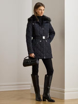 Ralph Lauren Women's Faux Fur Trim Diamond Quilted Down Coat - Navy - M
