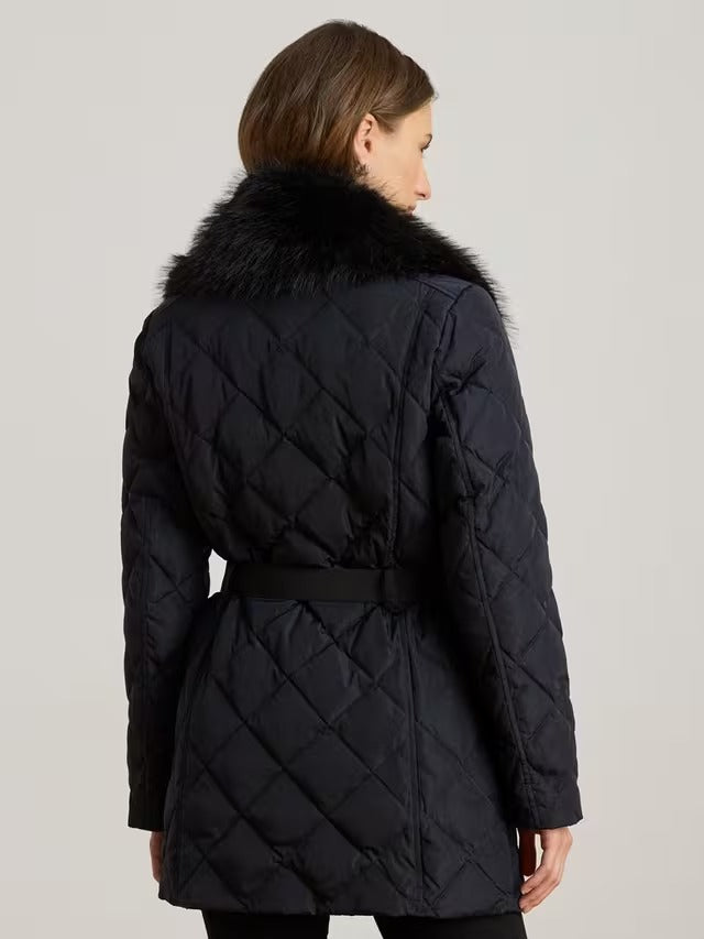 Ralph Lauren Women's Faux Fur Trim Diamond Quilted Down Coat - Navy - M