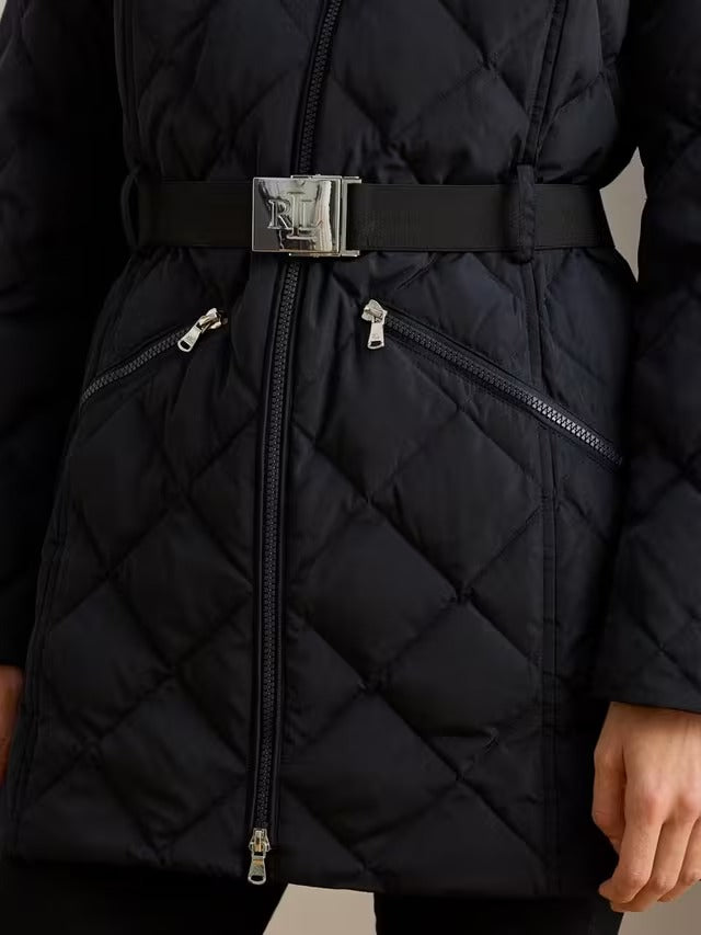 Ralph Lauren Women's Faux Fur Trim Diamond Quilted Down Coat - Navy - M