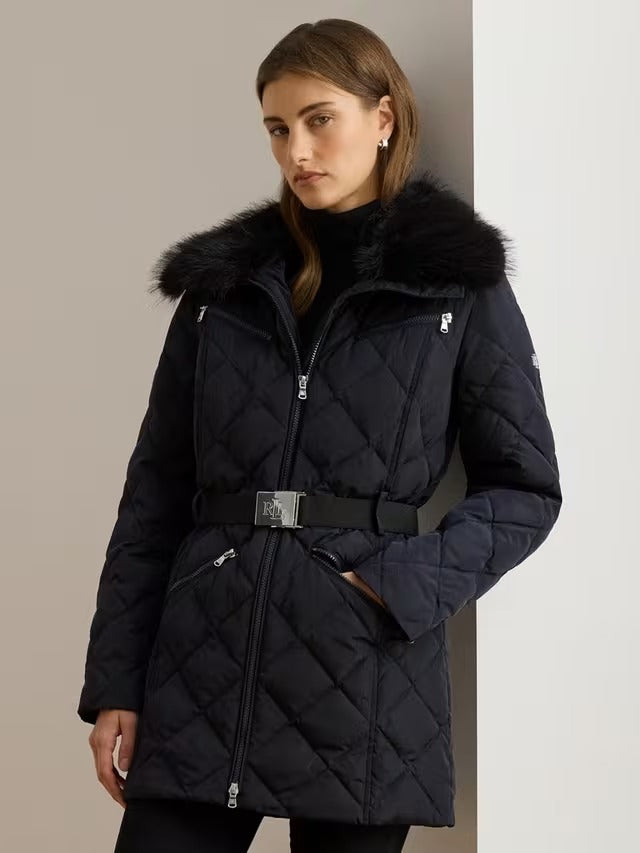 Ralph Lauren Women's Faux Fur Trim Diamond Quilted Down Coat - Navy - M