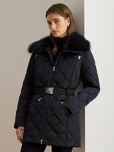 Ralph Lauren Women's Faux Fur Trim Diamond Quilted Down Coat - Navy - M