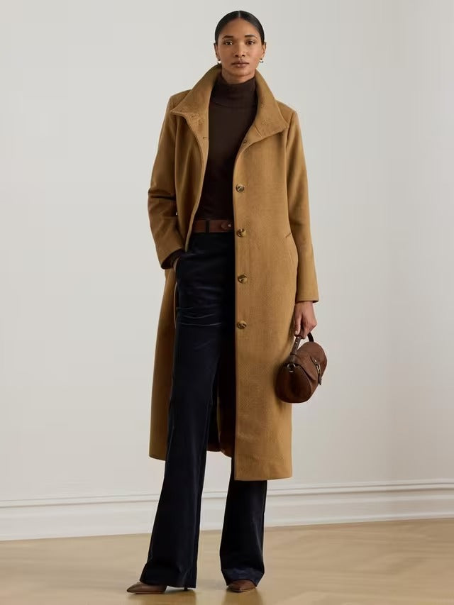 Ralph Lauren Women's Wool Rich Funnel Neck Plain Coat Jacket Camel - Size 18