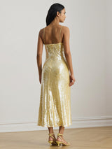 Ralph Lauren Sequin Strappy Woven Slip Women's Midi Dress UK10 Pastel Yellow