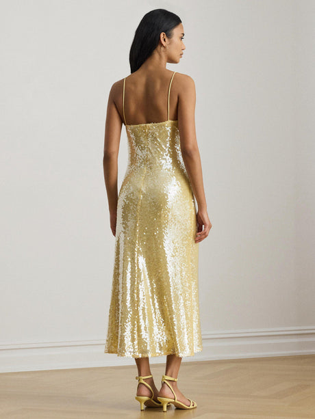 Ralph Lauren Sequin Strappy Woven Slip Women's Midi Dress UK10 Pastel Yellow