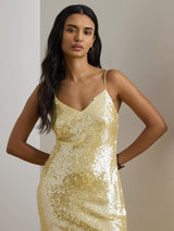 Ralph Lauren Sequin Strappy Woven Slip Women's Midi Dress UK10 Pastel Yellow