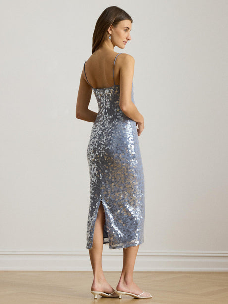 Ralph Lauren Sequin Strappy Woven Slip Midi Dress - UK 12 - Duck Egg Blue