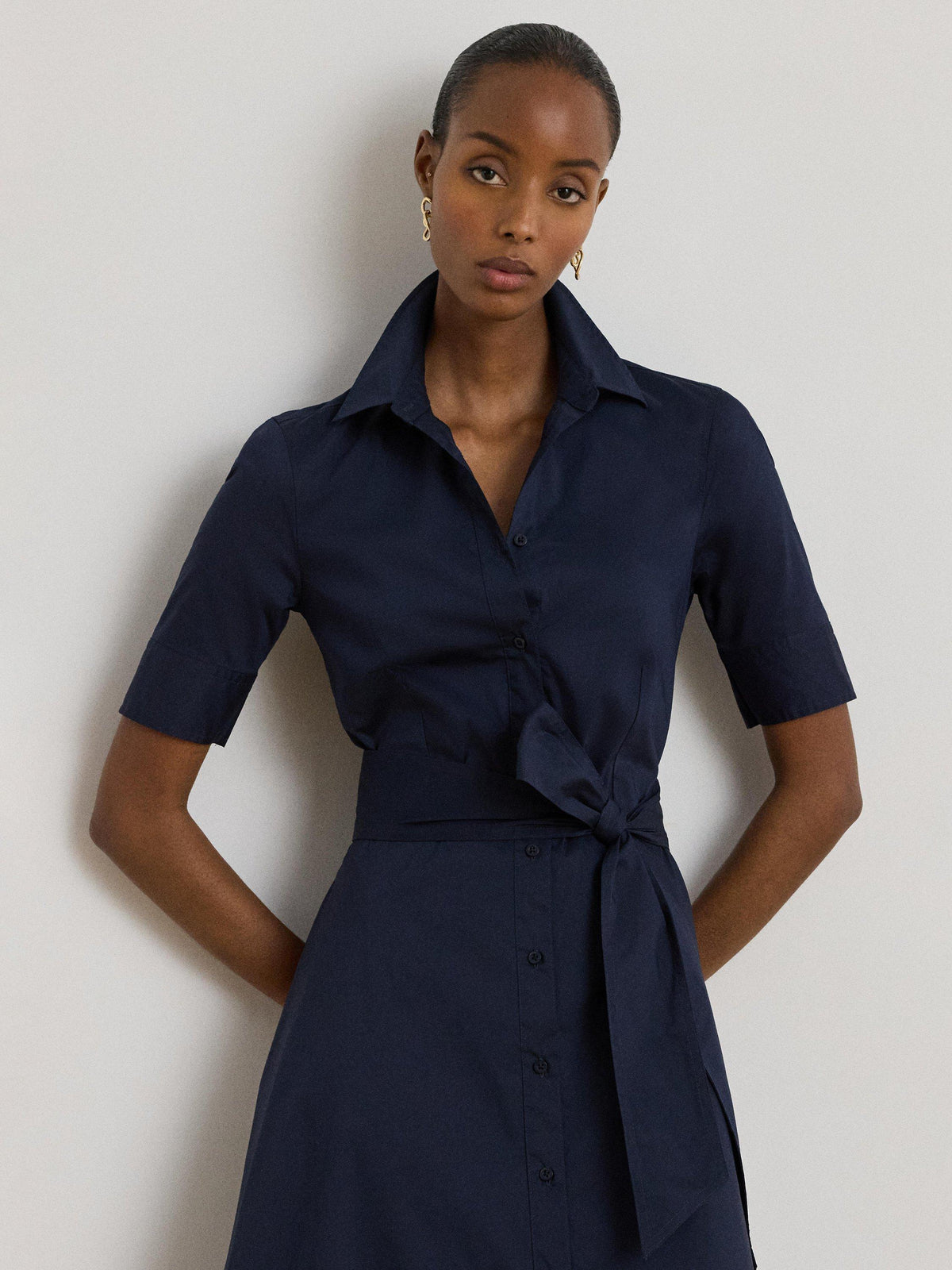 Lauren Ralph Lauren Cotton Blend Belted Shirt Midi Dress UK 14 - Lauren Navy