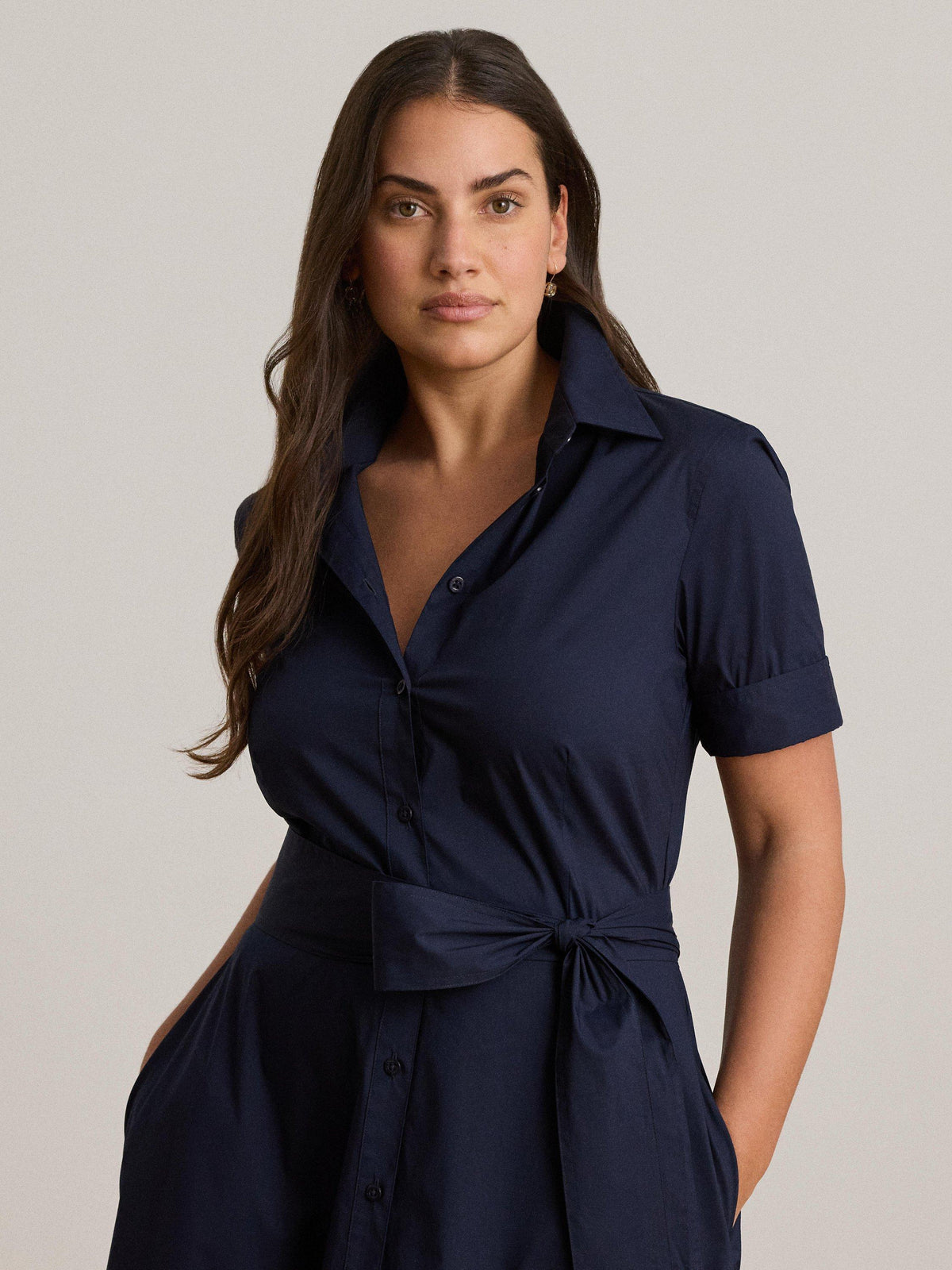 Lauren Ralph Lauren Cotton Blend Belted Shirt Midi Dress UK 14 - Lauren Navy