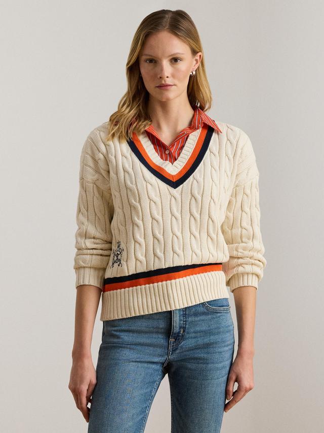 Ralph Lauren Tedurph V-Neck Cotton Pullover Jumper - Cream/Navy/Orange - M