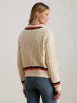 Ralph Lauren Tedurph V-Neck Cotton Pullover Jumper - Cream/Navy/Orange - M