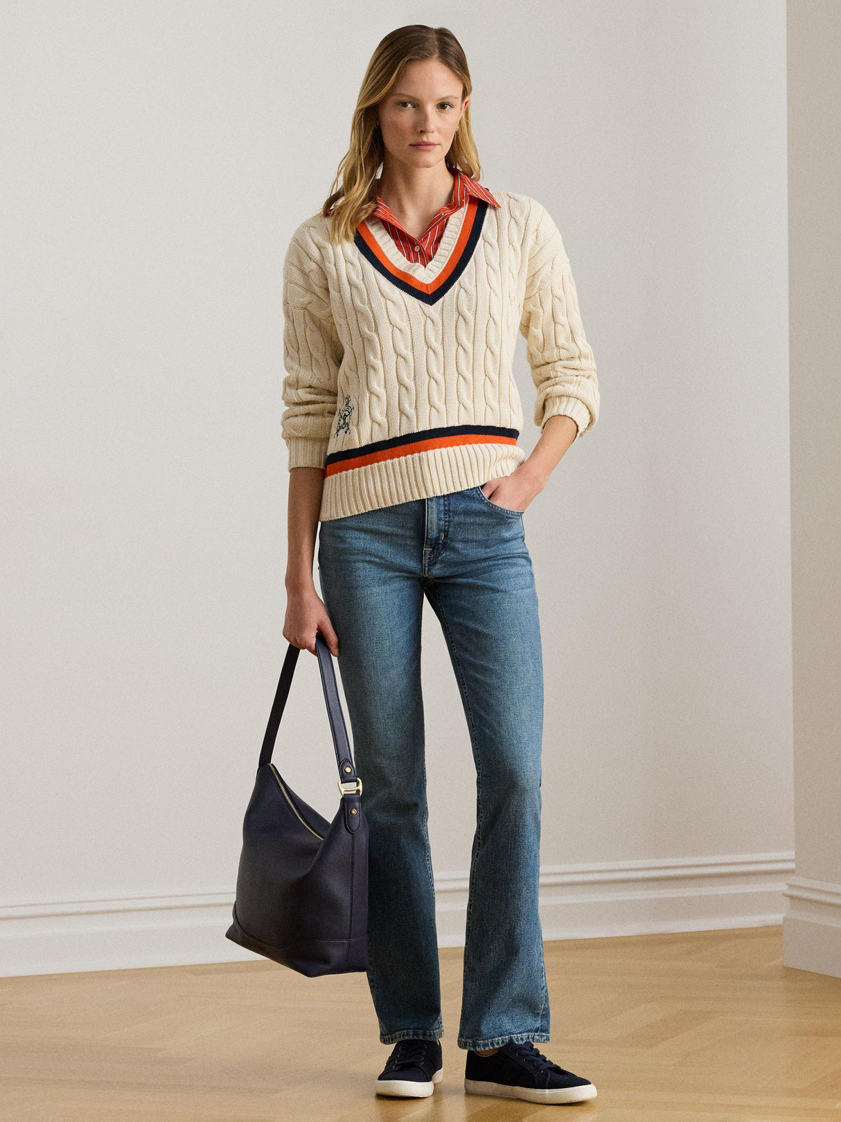 Ralph Lauren Tedurph V-Neck Cotton Pullover Jumper - Cream/Navy/Orange - M
