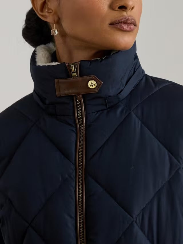 Ralph Lauren Women's Faux Leather Trim Diamond Quilted Jacket - Navy - Large