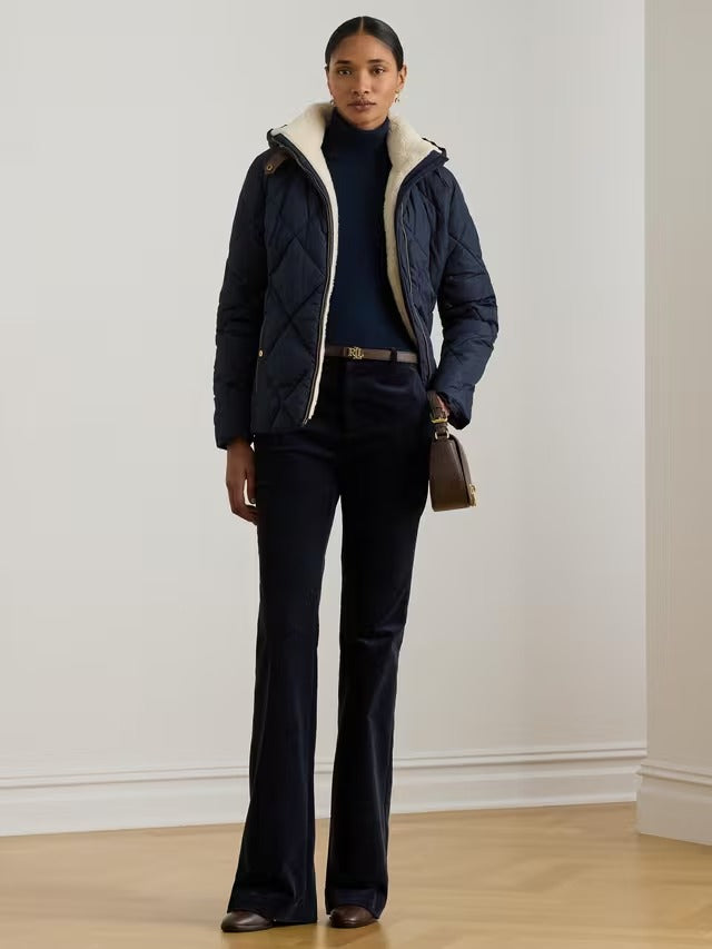 Ralph Lauren Women's Faux Leather Trim Diamond Quilted Jacket - Navy - Large