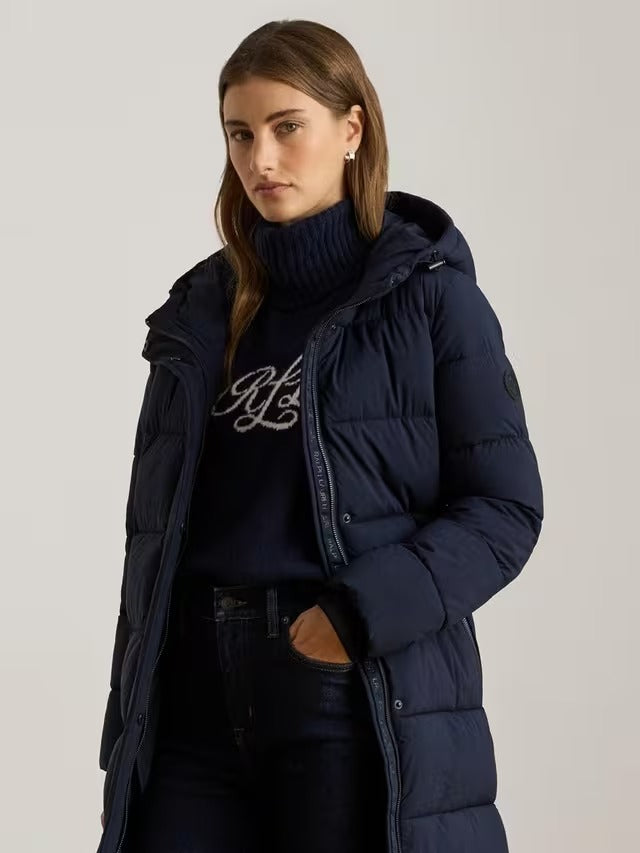 Ralph Lauren Women's Hooded Knee Length Channel Quilted Coat - Navy - S