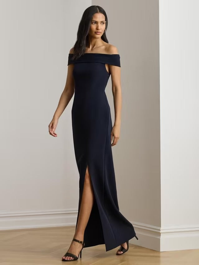 Ralph Lauren Adlar Crepe Off Shoulder Straight Maxi Dress - Navy - UK 20