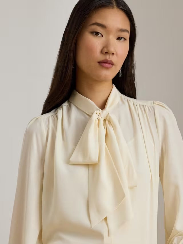 Ralph Lauren Klaryce Womens Georgette Tie Neck Blouse - Mascarpone Cream - M