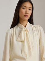 Ralph Lauren Klaryce Womens Georgette Tie Neck Blouse - Mascarpone Cream - M