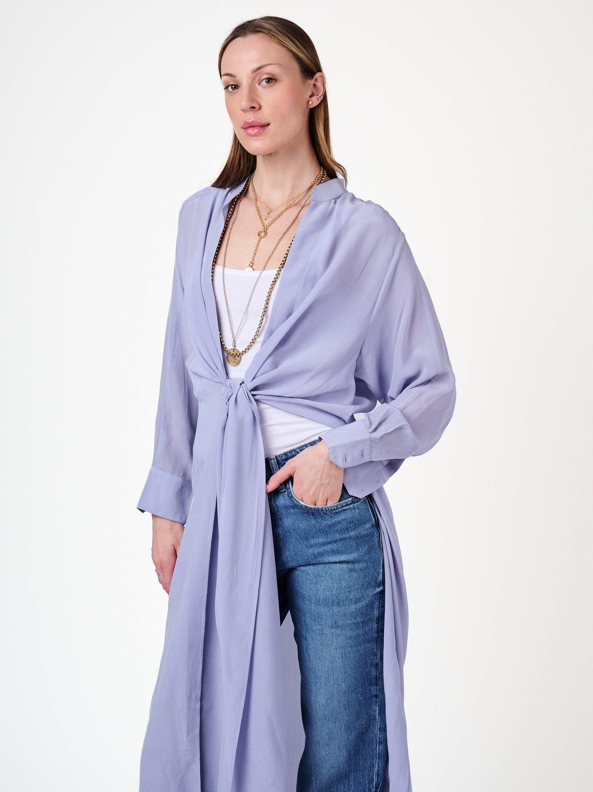 Amanda Wakeley Sophia Pure Silk Semi Sheer Long Shirt - Cornflower - Large
