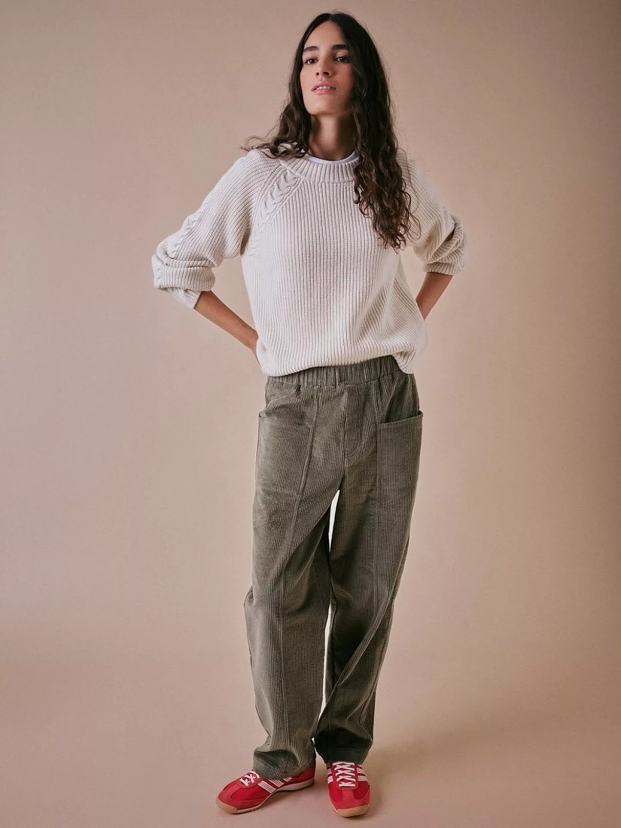 Cape Cove Womens Barrel Leg Mid Rise Loose Fit Corduroy Trousers - Green - M