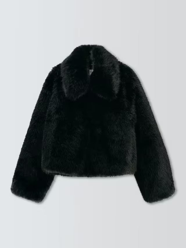 John Lewis Women's Short Cropped Faux Fur Winter Coat Jacket - Black - L