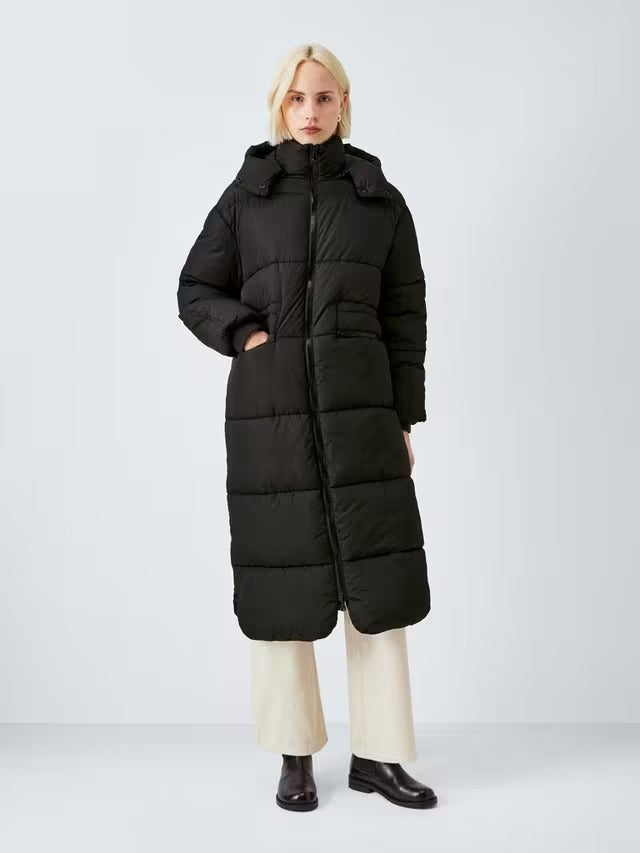 John Lewis Women's Longline Hooded Puffer Coat Jacket - Black - Size 10