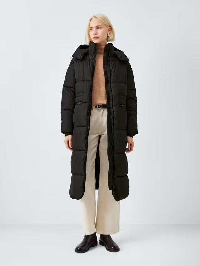 John Lewis Women's Longline Hooded Puffer Coat Jacket - Black - Size 10
