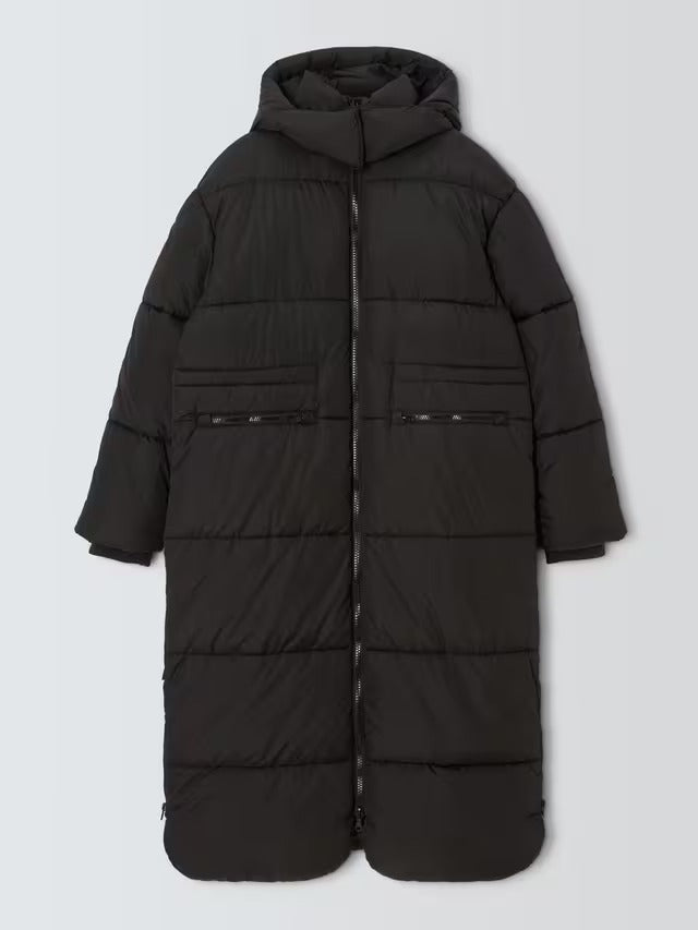 John Lewis Women's Longline Hooded Puffer Coat Jacket - Black - Size 10