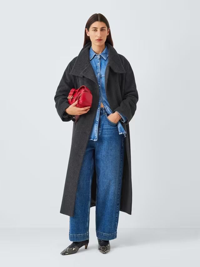 John Lewis Women's Funnel Neck Wool Rich Wrap Long Coat - Charcoal - UK 18
