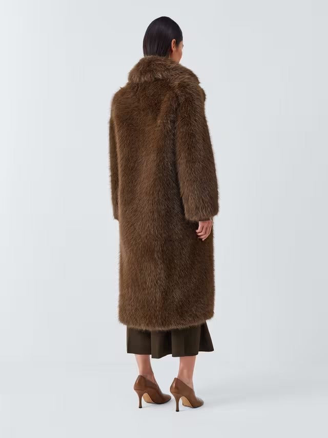 John Lewis Women's Long Faux Fur Fluffy Long Sleeve Coat - Brown - Medium