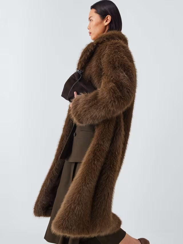 John Lewis Women's Long Faux Fur Fluffy Long Sleeve Coat - Brown - Medium
