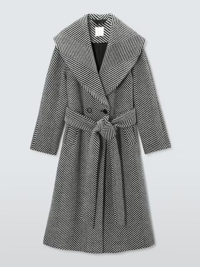 John Lewis Women's Mono Stripe Wool Blend Belted Coat - Black/White - UK 10