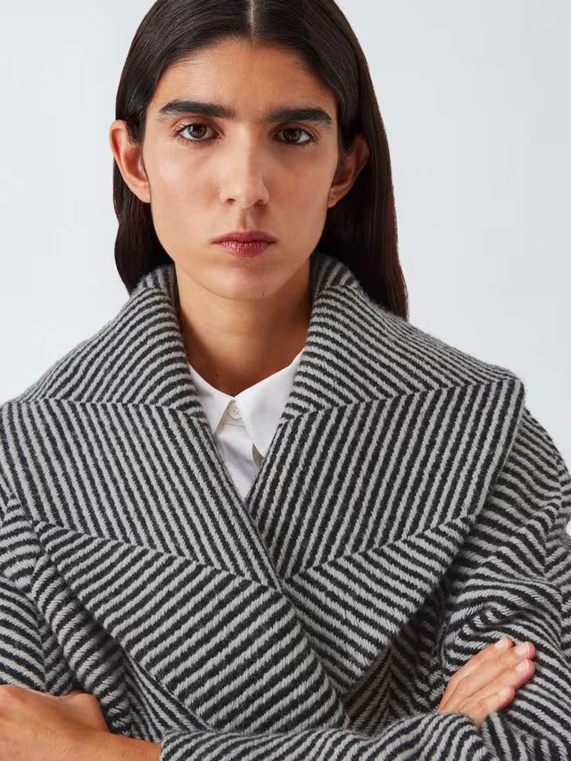 John Lewis Women's Mono Stripe Wool Blend Belted Coat - Black/White - UK 10